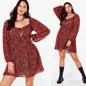 Nasty Gal Red Floral Flower 'Bout That Tie Mini Dress Smocked Back Valentines 12